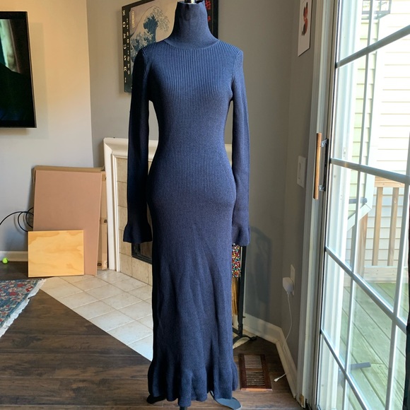 Ganni Open-Back Ruffled Rib-Knit Midi Dress dark navy sz medium NWT - Picture 11 of 16